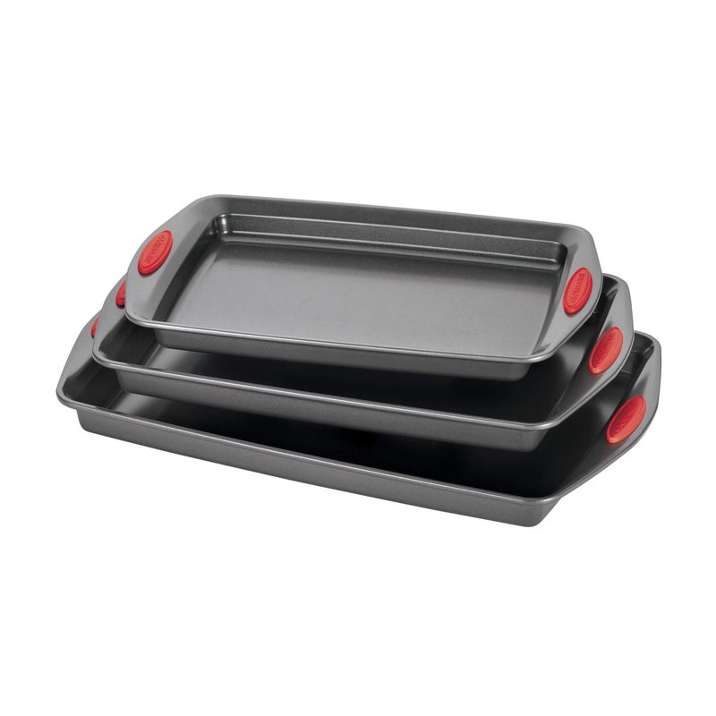 Rachael Ray Bakeware Nonstick Cookie Pan Set, 3-Piece, Gray with Red Grips - Image 1